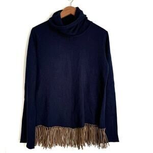 Kial navy cowl turtleneck sweater with fringe hem long sleeve sz S 5% cashmere